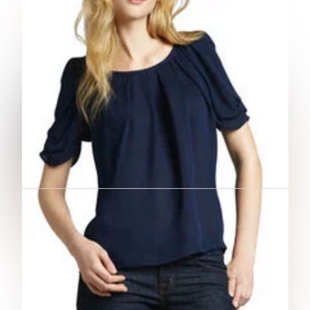 Cynthia Rowley navy blue gathered bow back blouse